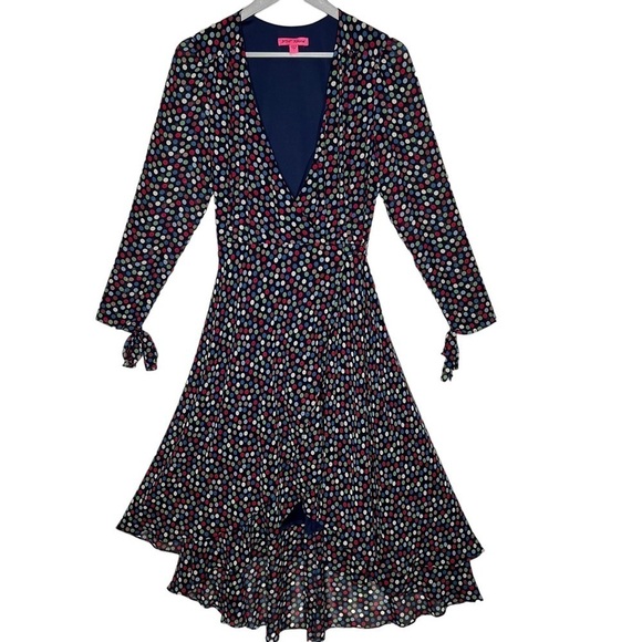 Betsey Johnson Multicolor Polka Dot Hi Low Hem Wrap Dress 4 Sheer Long Sleeves - Picture 2 of 16
